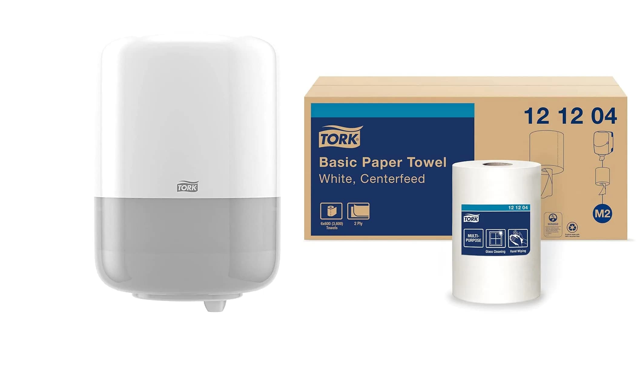 Tork Centerfeed Wall Mounted Dispenser White - M2 + Refill - Centerfeed Hand Towel White, 6 x 600 Sheets | High Absorbency, Easy One-Hand Operation — White