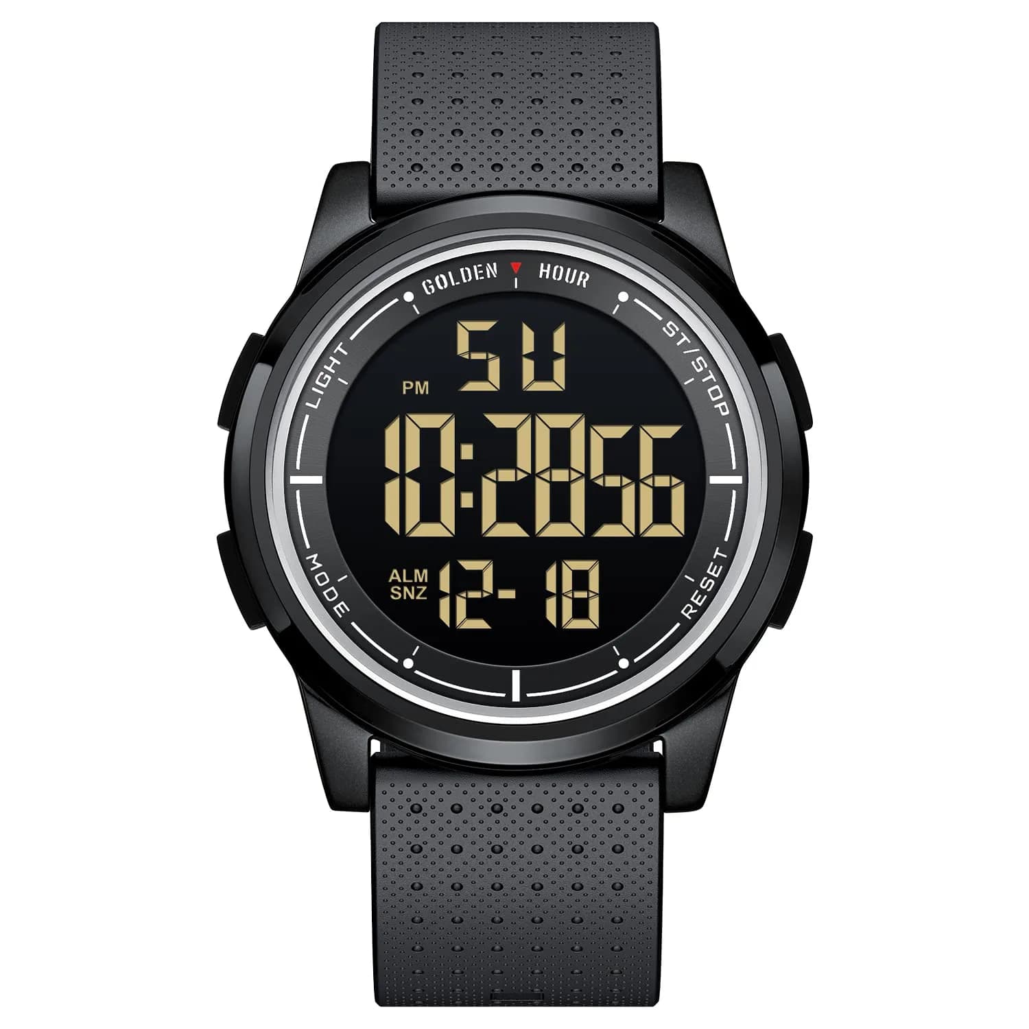 GOLDEN HOUR Minimalist Digital Sports Watch 43mm (1.69 in) | Water Resistant 50M, EL Backlight, Date, Alarm — P/dim/black