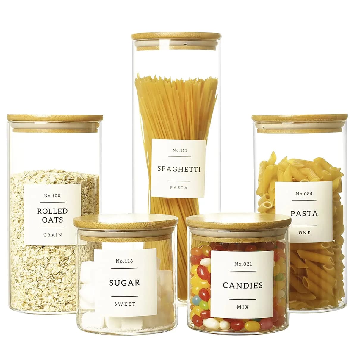 HHMJSM 5 Pcs Glass Food Storage Containers with Labels | Thick(3mm) Airtight Canisters for Kitchen & Pantry