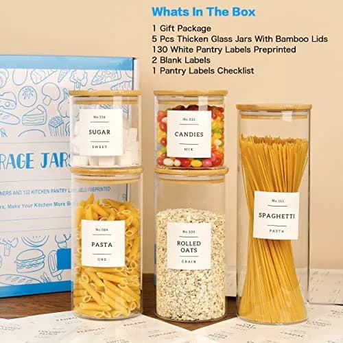 HHMJSM 5 Pcs Glass Food Storage Containers with Labels | Thick(3mm) Airtight Canisters for Kitchen & Pantry thumbnail 2