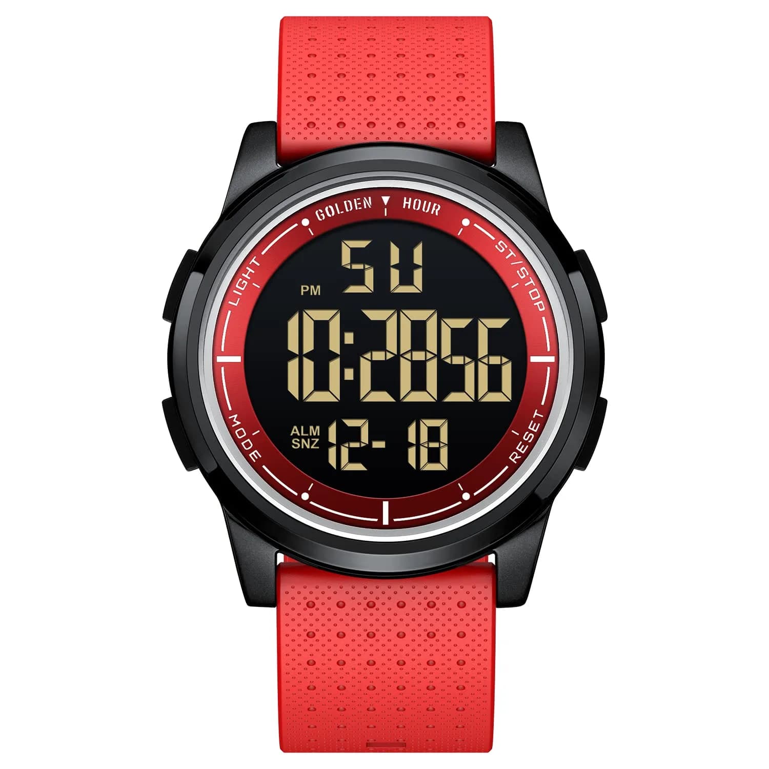 GOLDEN HOUR Minimalist Digital Sports Watch 43mm (1.69 in) | Water Resistant 50M, EL Backlight, Date, Alarm — P/dim/red