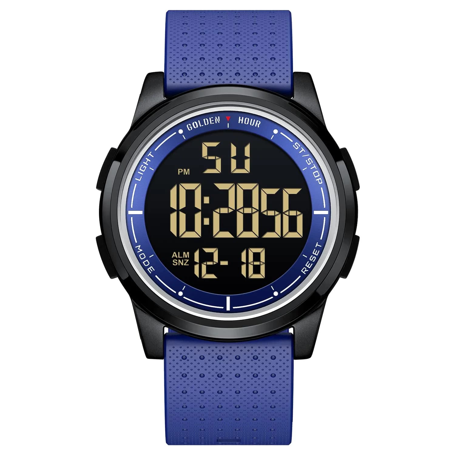 GOLDEN HOUR Minimalist Digital Sports Watch 43mm (1.69 in) | Water Resistant 50M, EL Backlight, Date, Alarm — P/dim/blue