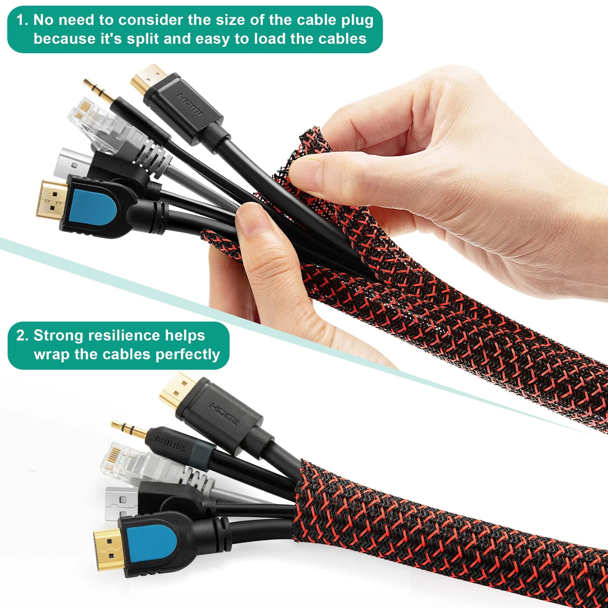 ZhiYo Cable Sleeve, 2m (6.6ft) Black-Red | Organizes 4-8 Cables, Pet-Resistant - view 3