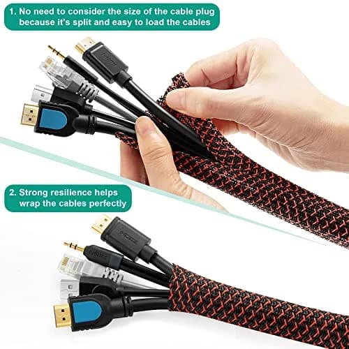 ZhiYo Cable Sleeve, 2m (6.6ft) Black-Red | Organizes 4-8 Cables, Pet-Resistant thumbnail 3