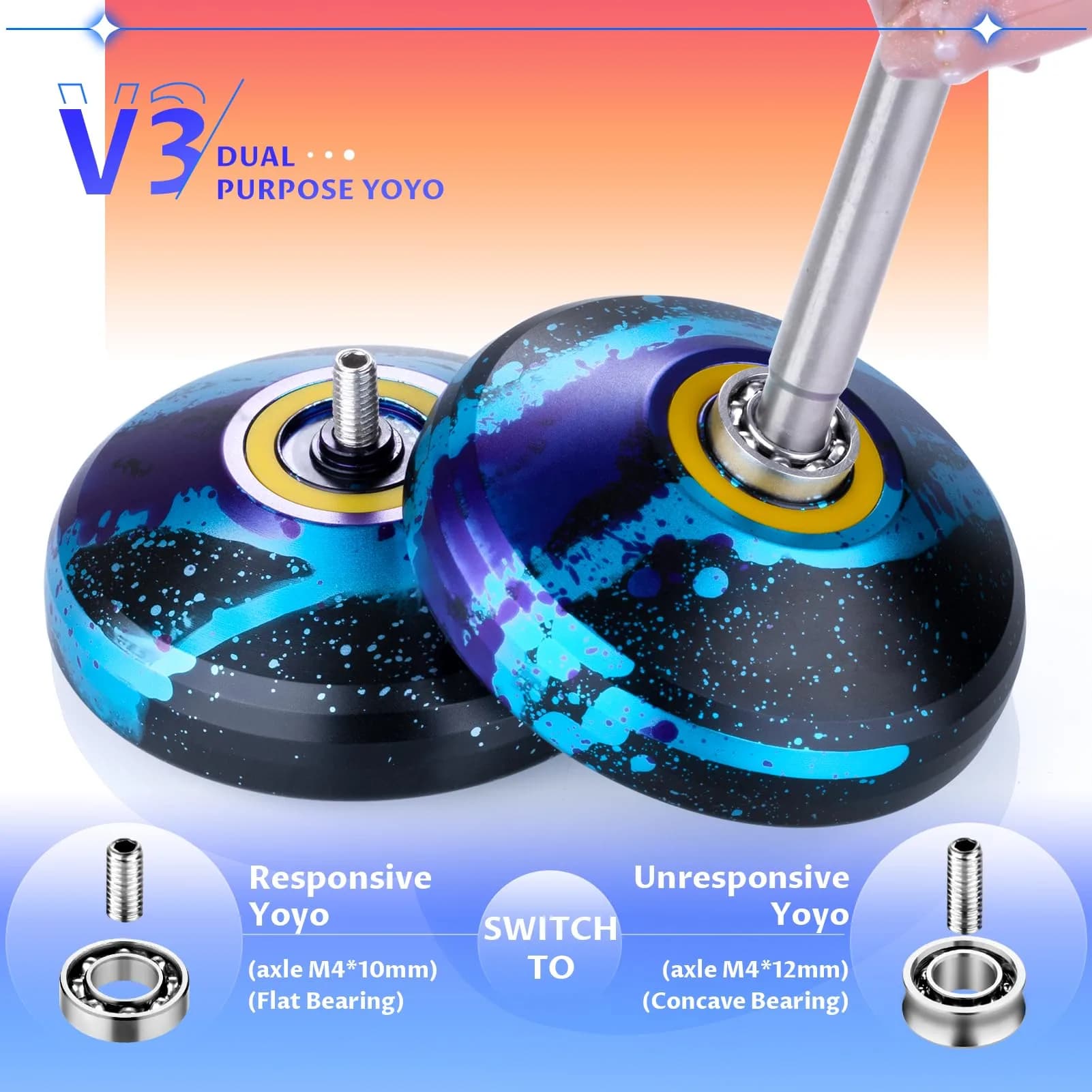 MAGICYOYO Responsive Yoyo V3 Metal Yo-yo for Kids Beginner | Dual Function Aluminum Alloy Yo yo with Unresponsive Bearing + Bearing Removal Tool, Axle, Bag,12 Strings (Black Blue Purple) - view 5
