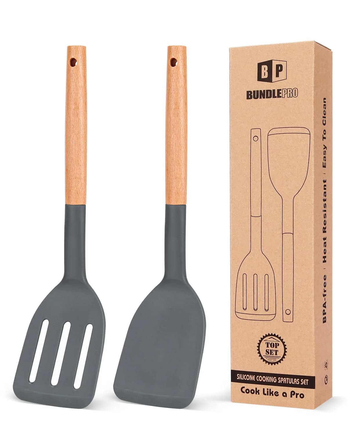 BUNDLEPRO Silicone Spatula Set 2 Pack | BPA-Free, Heat Resistant 446℉ (230℃), Gray