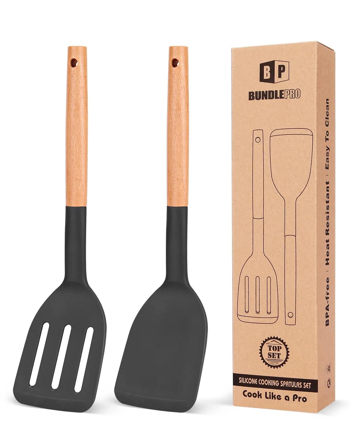BUNDLEPRO Silicone Spatula & Slotted Turner Set, 2 Pack, Black | Heat Resistant to 230°C - main product image