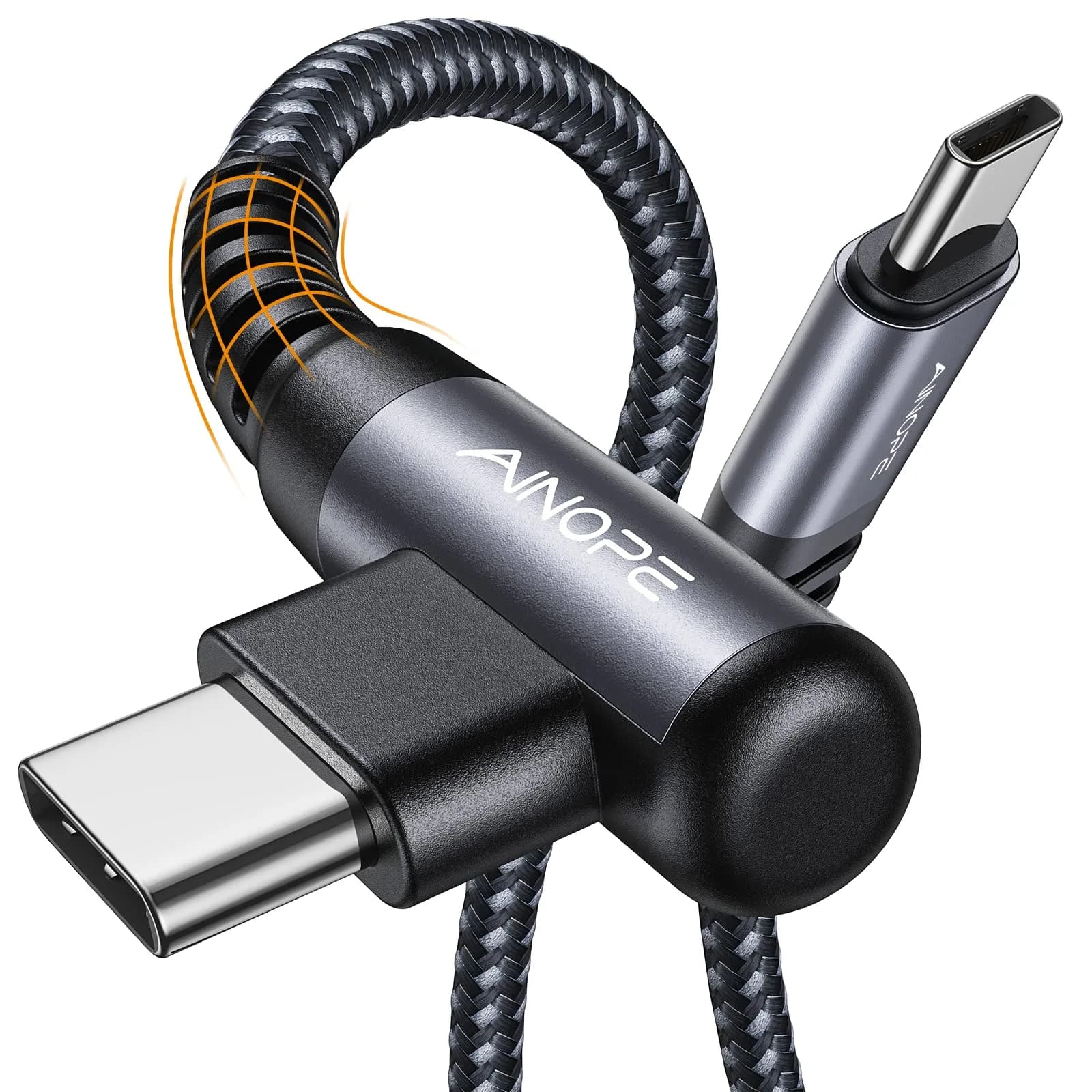 AINOPE Space Gray 6.6ft+6.6ft USB C to USB C Cable 2-Pack, 60W Fast Charging Right Angle - main product image