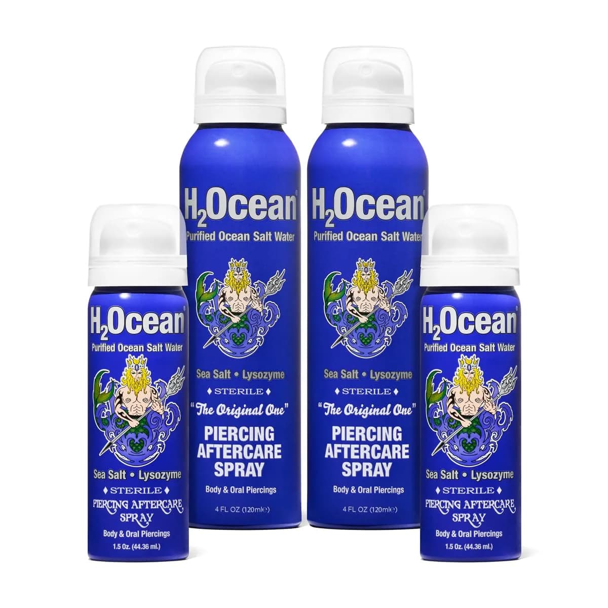 H2Ocean Piercing Aftercare Spray Bundle | 2x 4oz & 2x 1.5oz Bottles | Fast Healing for Ear, Nose, Body Piercings — 1.5 Fl Oz + 4 Fl Oz