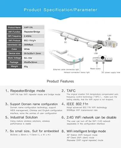 Vonets VAP11N-300 2.4GHz WiFi Bridge & Repeater | 300Mbps, IEEE 802.11b/g/n, 80m Range, Dual Antennas thumbnail 3