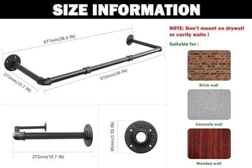 Livabber Industrial Pipe Clothes Rack 91cm (36 Inch) | Heavy Duty Wall Mounted Garment Bar for Bedroom, Closet thumbnail 2