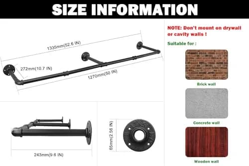 Livabber Industrial Pipe Clothes Rack 127 cm (50 Inch) | Rustic Wall Mounted Garment Rack for Bedroom, Closet thumbnail 2