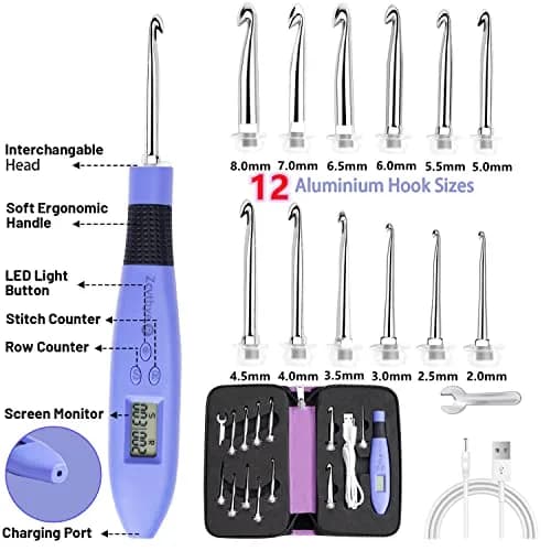 Zcvtbye Light Up Crochet Hooks Set, 12 Sizes with Digital Counters, Ergonomic, Rechargeable | Perfect for Dark Yarn Projects thumbnail 6