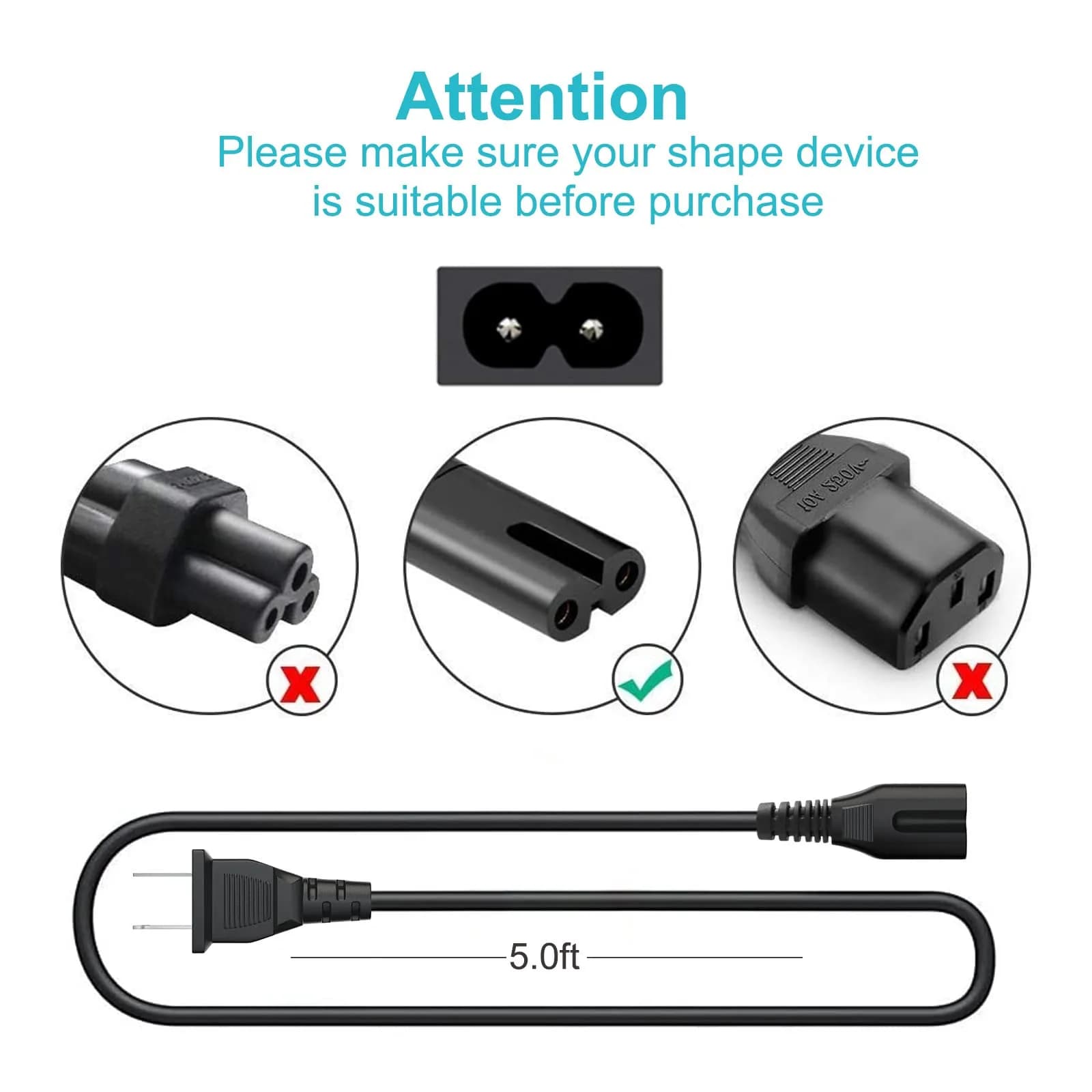 YCWZZH 5ft 2-Prong AC Power Cord | Replaces JBL PartyBox, ION Game Day Speakers - view 2