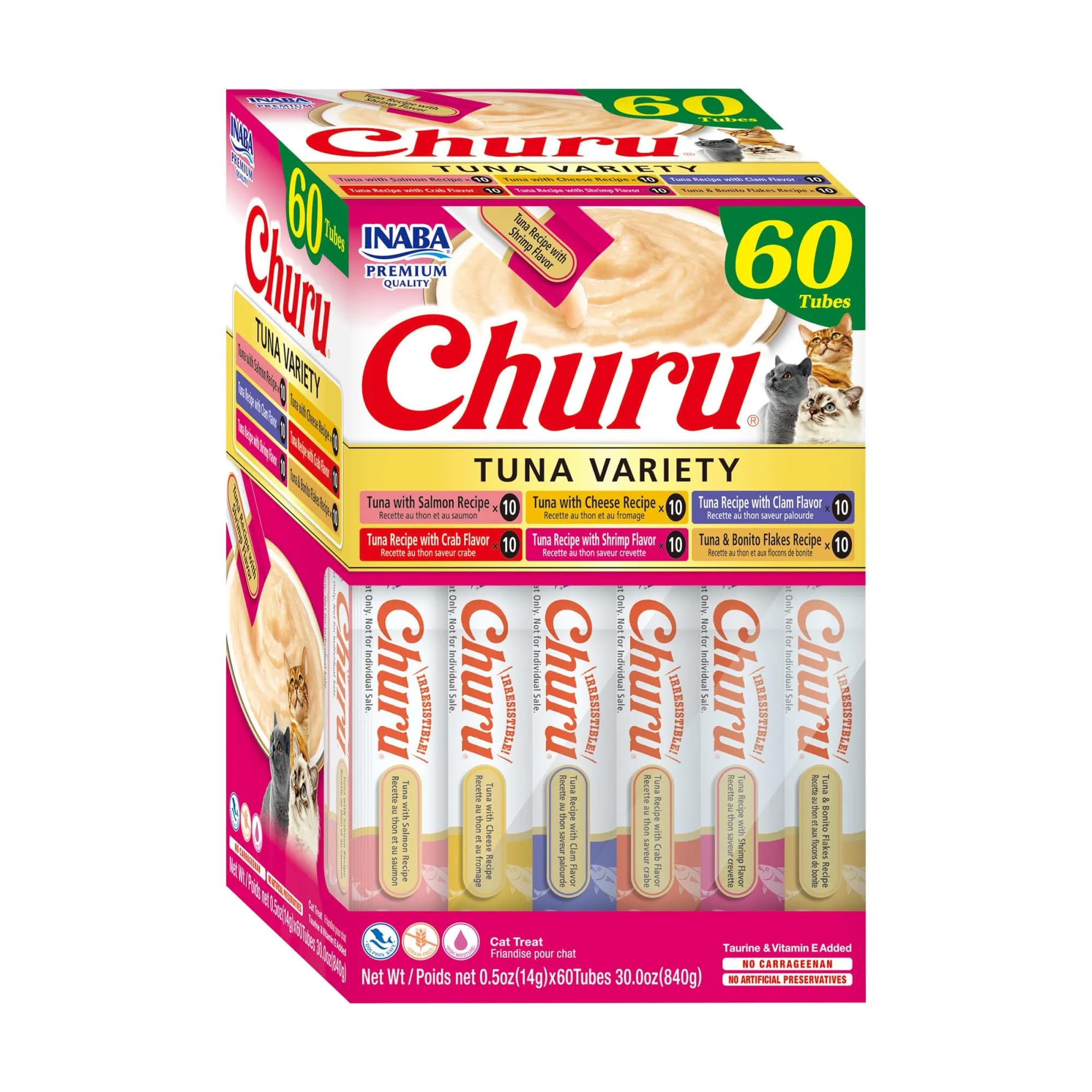 INABA Churu Cat Treats 60 Tubes | Creamy Lickable Purée with Green Tea & Taurine (0.5 Oz Each)