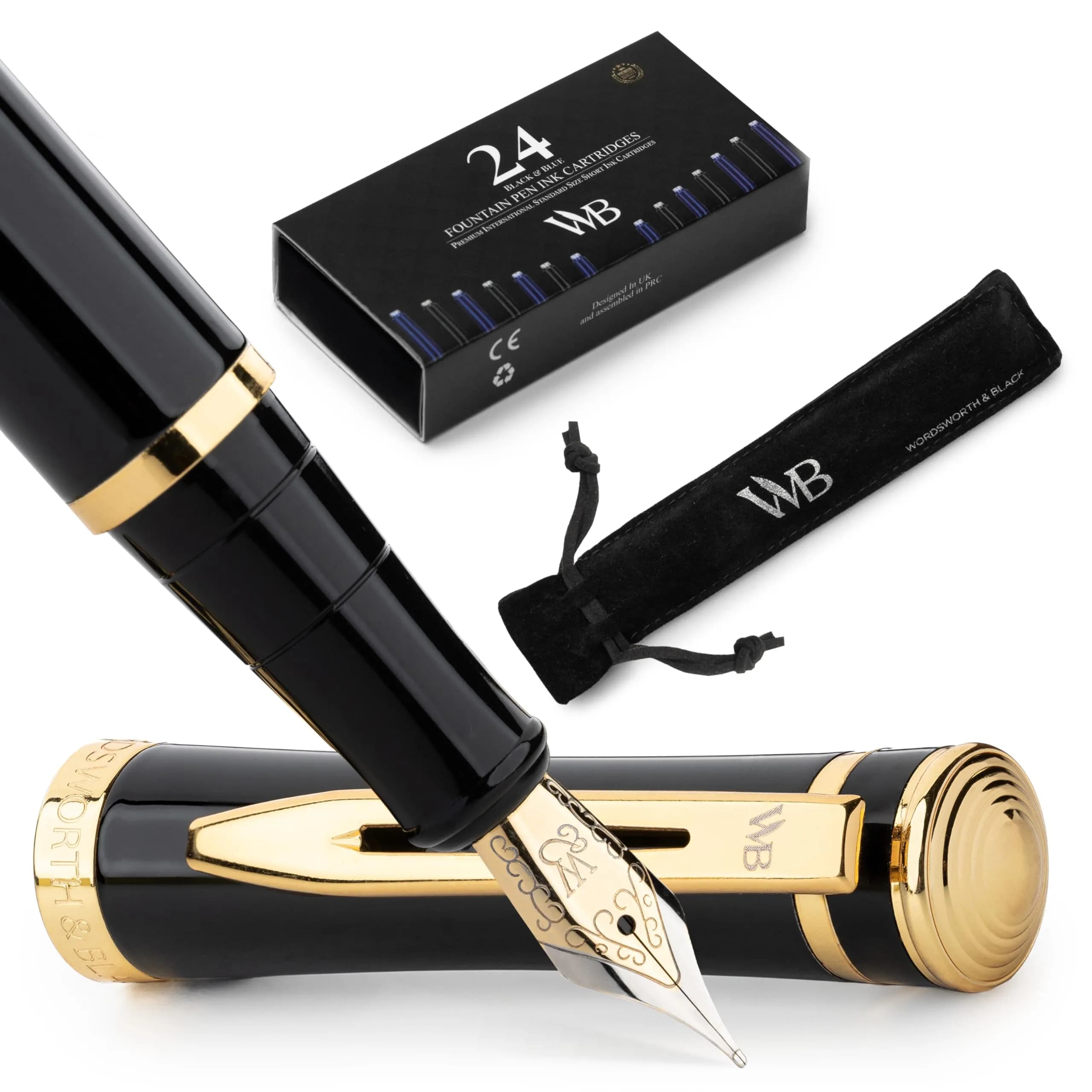 Wordsworth & Black Luxury Fountain Pen Set with Medium Nib, Blue Ink | Smooth Ink Flow Writing Instrument — Black Gold / Medium Nib