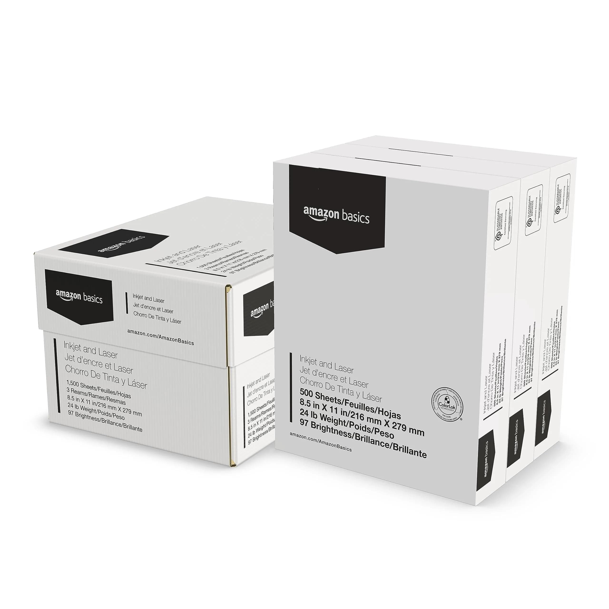 Amazon Basics Multipurpose Copy Printer Paper 8.5 x 11 Inches 24 lb Weight 97 Bright White 1500 Sheets | Acid-Free Paper for Laser & Inkjet Printers - main product image