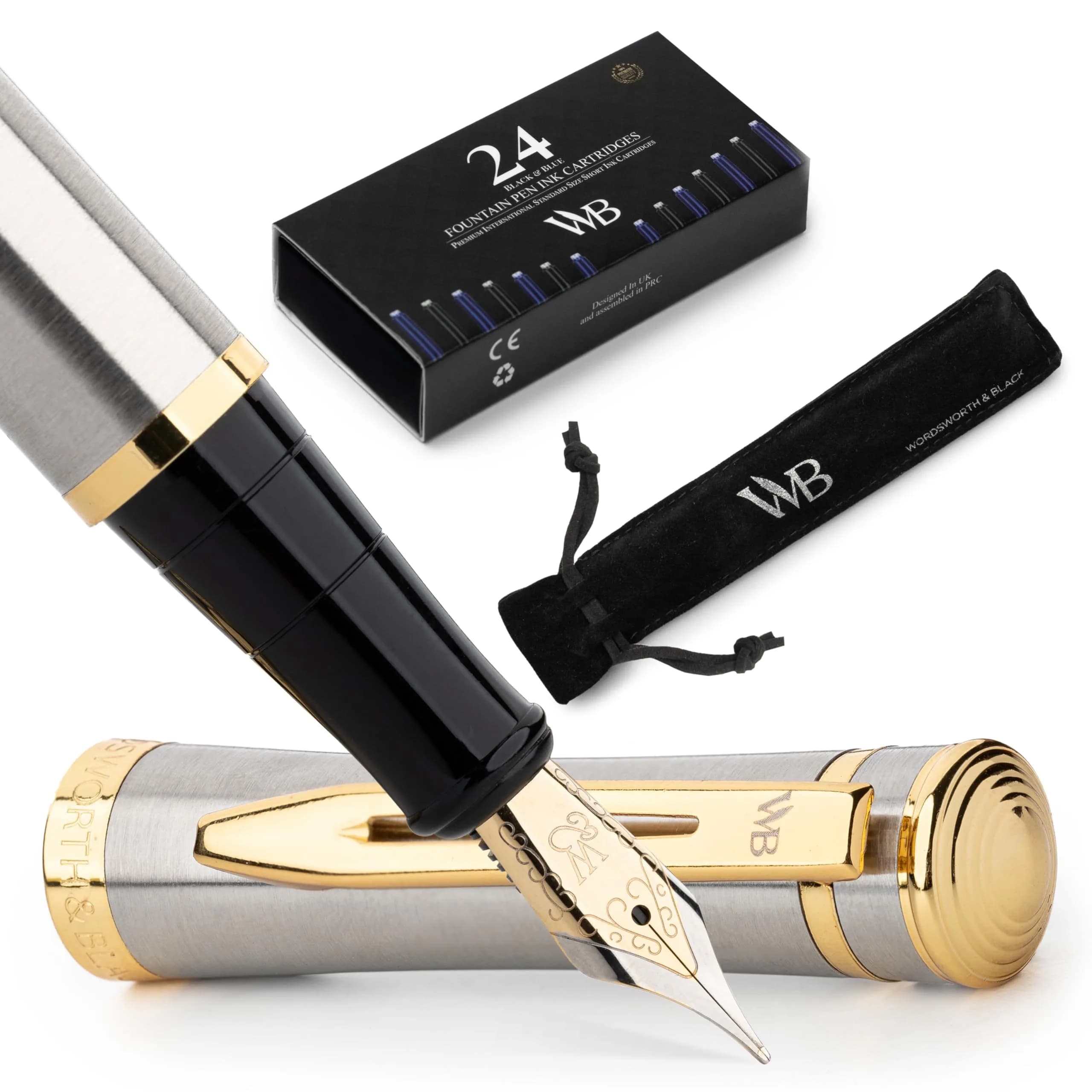 Wordsworth & Black Luxury Fountain Pen Set with Medium Nib, Silver & Gold Finish | Smooth Ink Flow Writing Instrument - main product image
