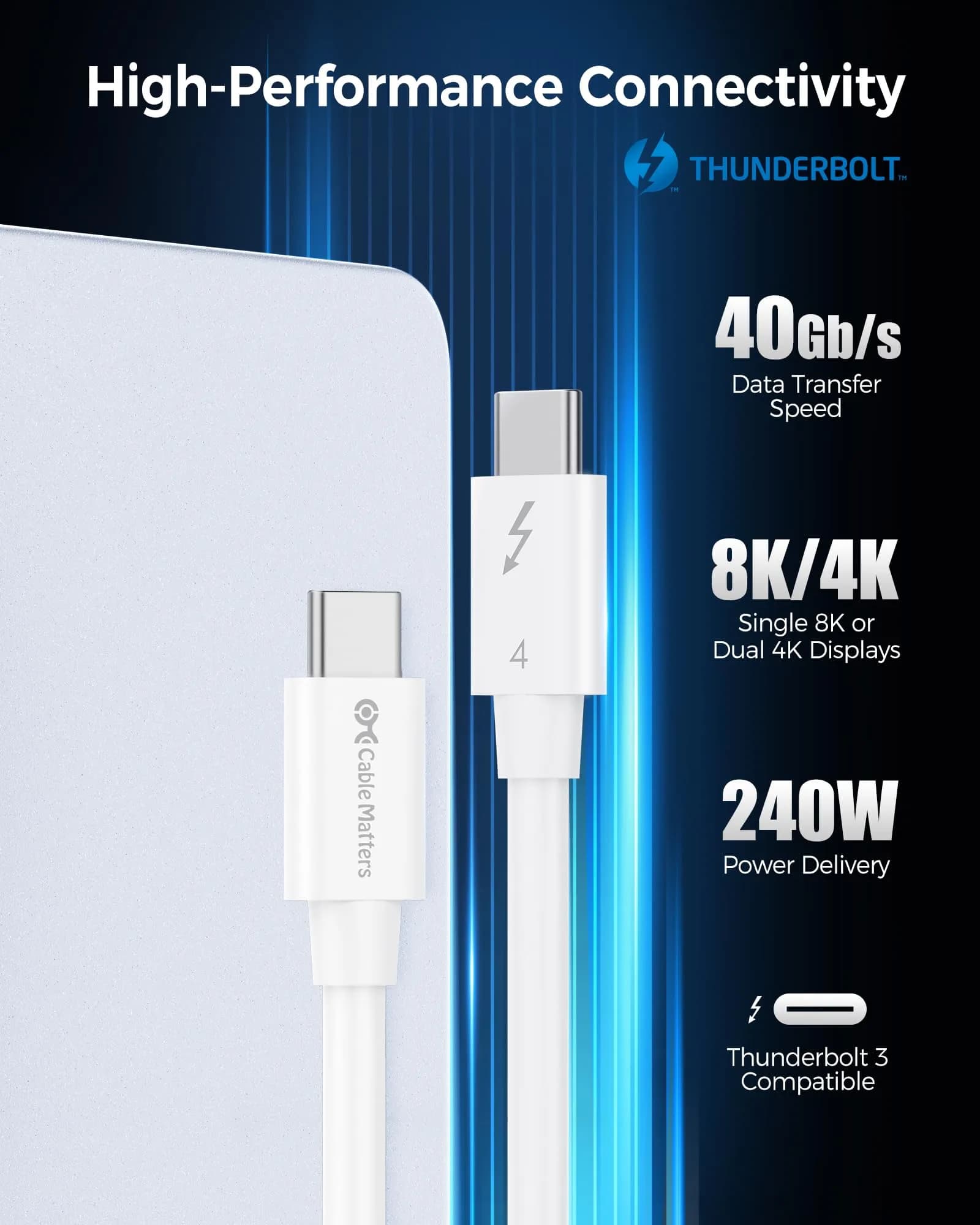Cable Matters White Thunderbolt 4 Cable 2.6 Feet | 40Gbps, 8K Video, 240W Charging - view 2
