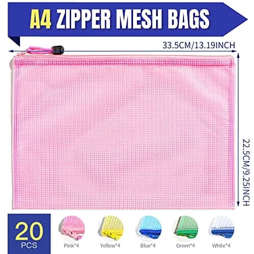 LEOBRO 20PCS Zipper Pouch, A4 Mesh Waterproof Bags, Classroom & Travel Organizer, File Jackets & Pockets thumbnail 2