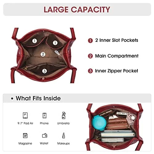 Kattee Genuine Leather Tote Handbag for Women (Wine Red) | Soft Top Grain Pebbled Cowhide Leather with Gold Hardware thumbnail 4