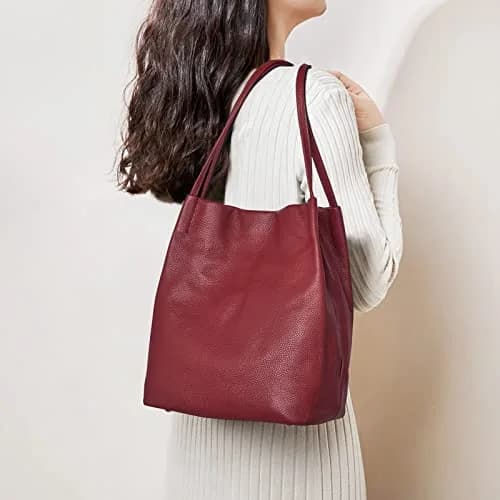 Kattee Genuine Leather Tote Handbag for Women (Wine Red) | Soft Top Grain Pebbled Cowhide Leather with Gold Hardware thumbnail 2