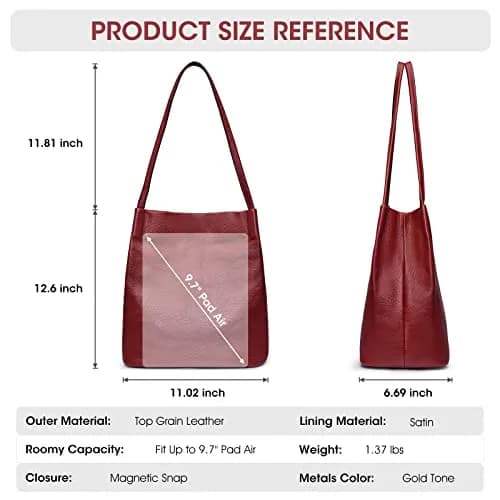 Kattee Genuine Leather Tote Handbag for Women (Wine Red) | Soft Top Grain Pebbled Cowhide Leather with Gold Hardware thumbnail 3