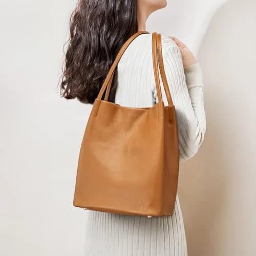 Kattee Genuine Leather Tote Handbag for Women (Brown) | Soft Pebbled Cowhide with Magnetic Snap Closure thumbnail 2