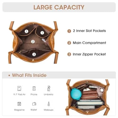 Kattee Genuine Leather Tote Handbag for Women (Brown) | Soft Pebbled Cowhide with Magnetic Snap Closure thumbnail 4