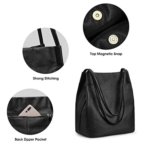Kattee Genuine Leather Tote Handbag for Women Medium Black | Top Grain Pebbled Cowhide Leather with Gold Hardware thumbnail 5
