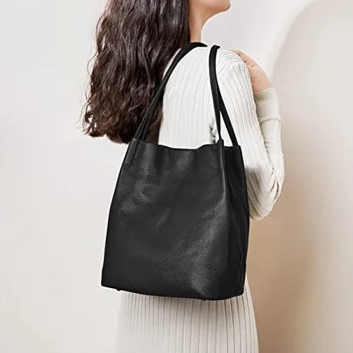 Kattee Genuine Leather Tote Handbag for Women Medium Black | Top Grain Pebbled Cowhide Leather with Gold Hardware thumbnail 2