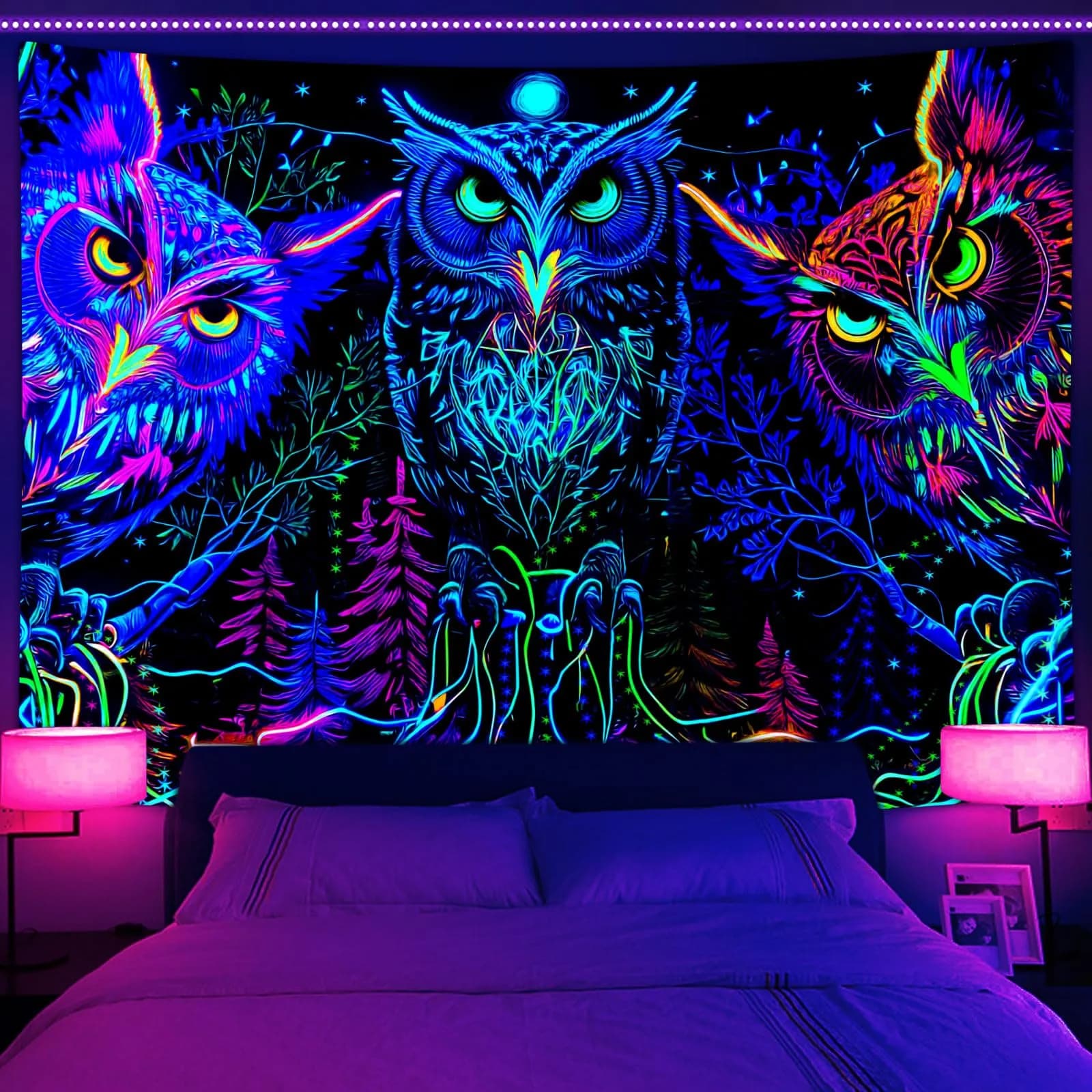 JAWO Psychedelic Owl Tapestry - Trippy Forest Line Art Wall Hanging 152cm (60"W x 40"L) | HD Pattern Printing — 60"L x 71"W
