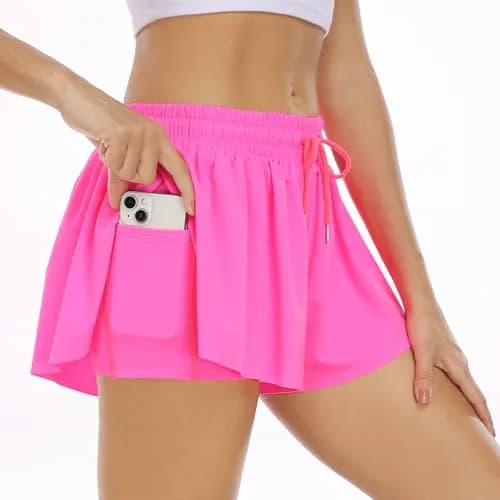 Wsirmet Butterfly Shorts for Women 2-in-1 Athletic Skorts with Phone Pocket & Liner | Bright Pink, Small (25.19 inches) thumbnail 5