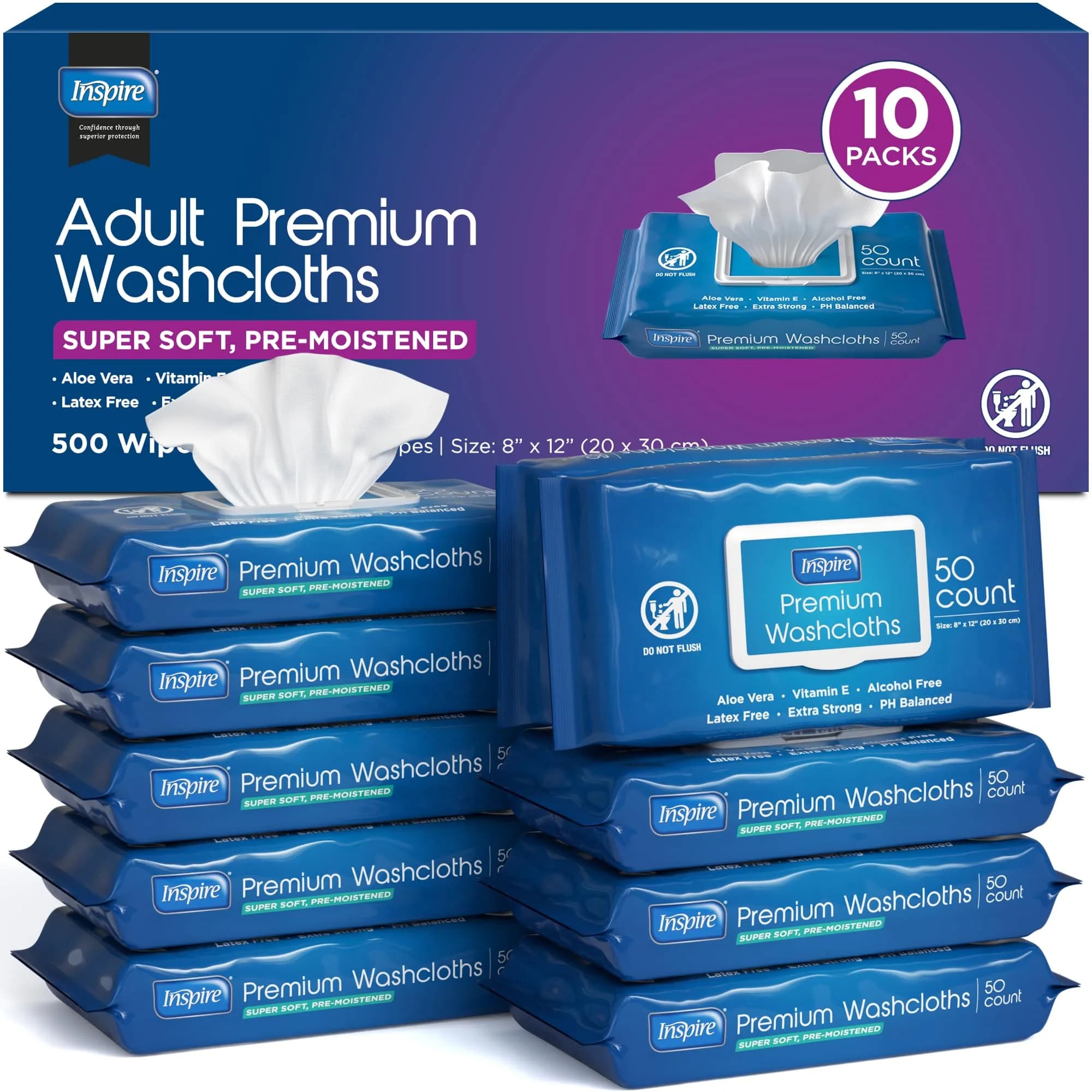 Inspire Adult Wet Wipes, Wash Cloths 500 Count (10 Packs of 50) | Hypoallergenic & Aloe Vera Infused for Sensitive Skin - main product image