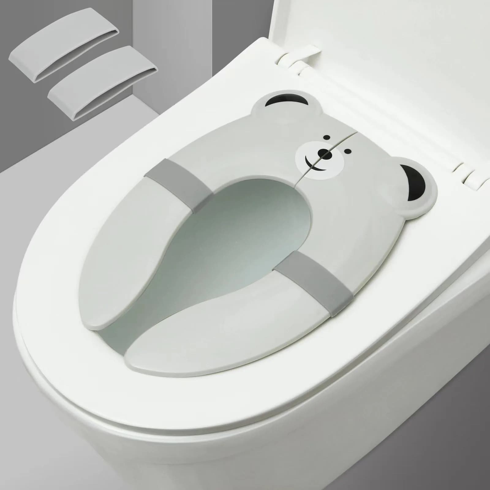 PandaEar Folding Froggy Travel Toilet Seat | Silicone Toddler Potty Seat with Non-Slip Pads (Grey Bear) - main product image