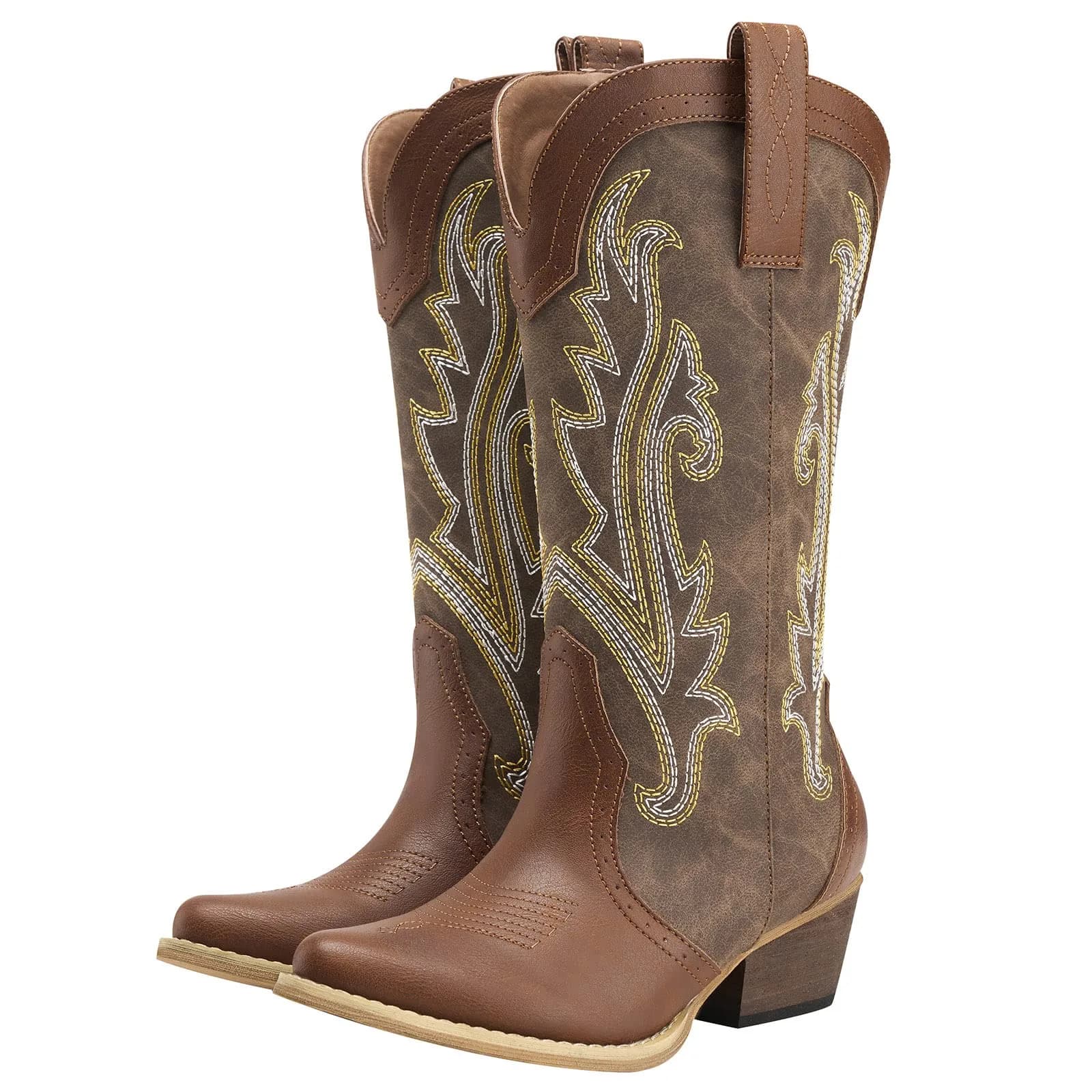 HISEA Rollda Women's Western Cowgirl Boots Mid Calf with 2" Block Heel, Mosaic Brown (US 8 / 25.4 cm) — Mosaic Brown