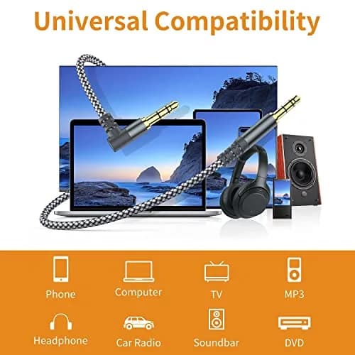 MCSPER 2 Pack 10ft (3.05m) 90 Degree Right Angle Aux Cable | Braided 3.5mm Stereo Audio Cord for Car, Speakers, Smartphones thumbnail 3