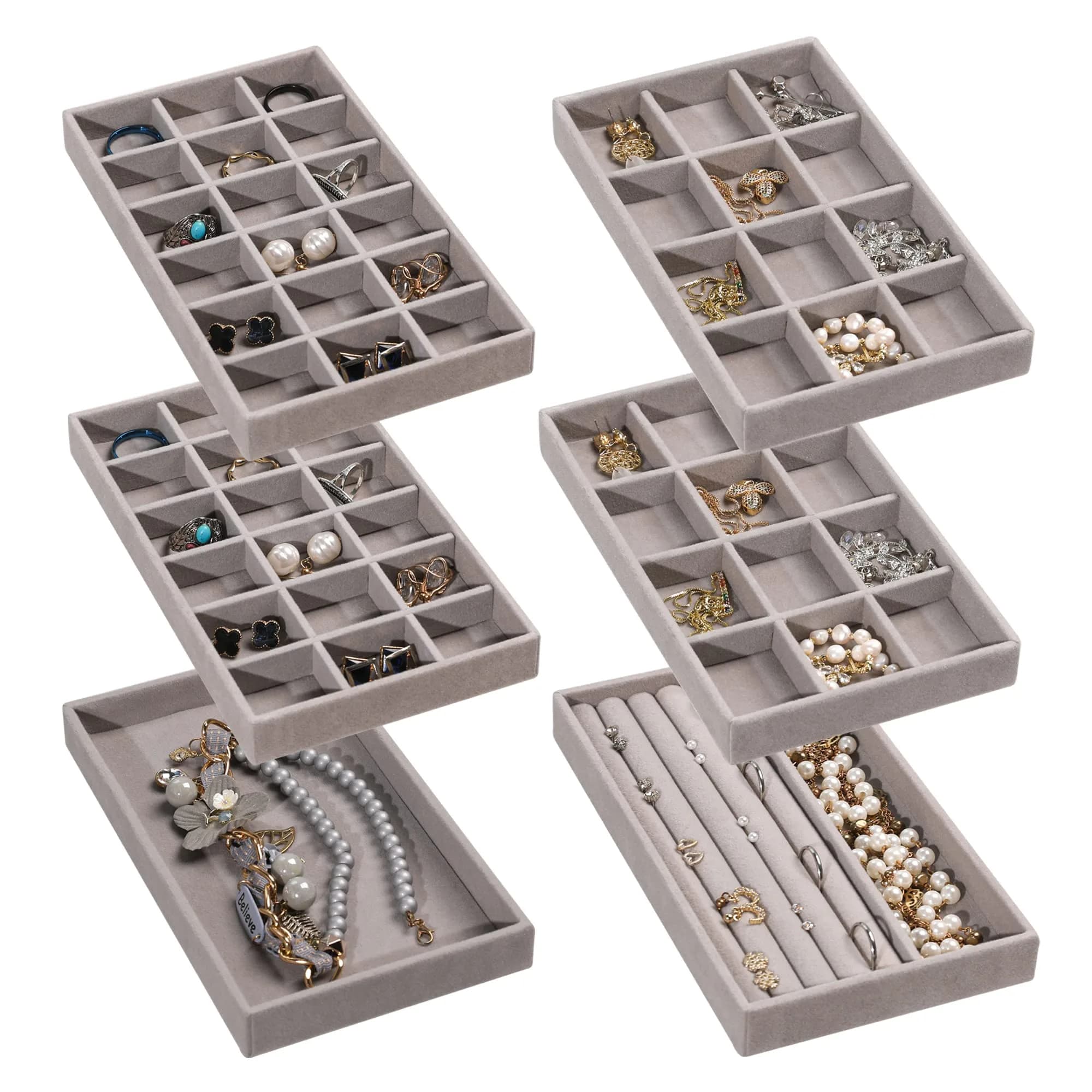 Frebeauty Jewelry Trays for Drawer | Set of 4 Velvet Organizer for Earrings, Rings & Necklaces, 8.3×4.75 inch — Set of 6