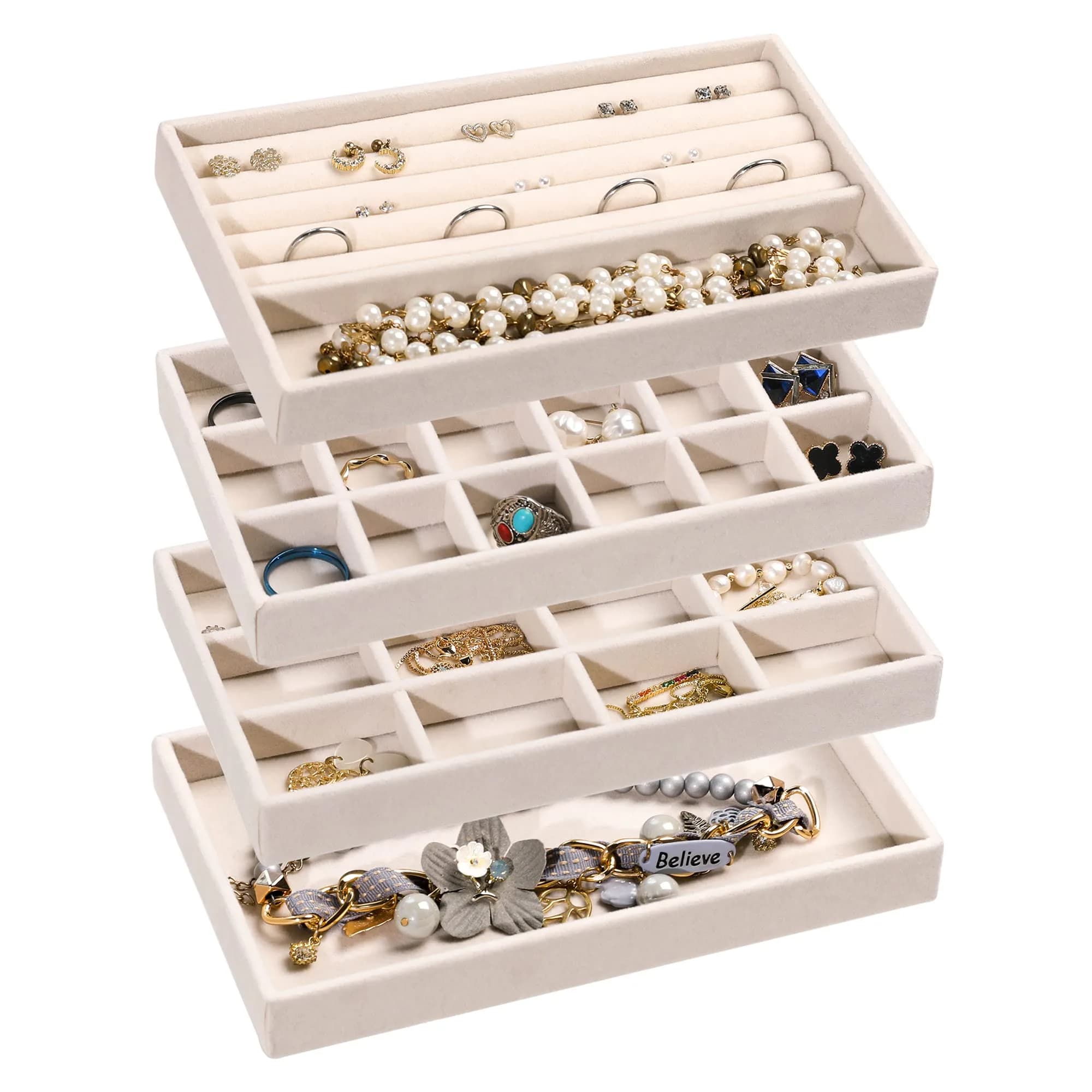 Frebeauty Jewelry Trays for Drawer | Set of 4 Velvet Organizer for Earrings, Rings & Necklaces - main product image