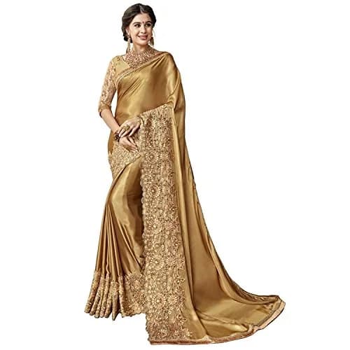TRENDMALLS Women's Malai Silk Saree K817-Gold | Embroidery & Stone Work for Festive Wear thumbnail 1