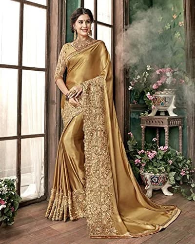 TRENDMALLS Women's Malai Silk Saree K817-Gold | Embroidery & Stone Work for Festive Wear thumbnail 4