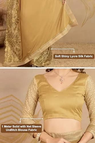 TRENDMALLS Women's Malai Silk Saree K817-Gold | Embroidery & Stone Work for Festive Wear thumbnail 6