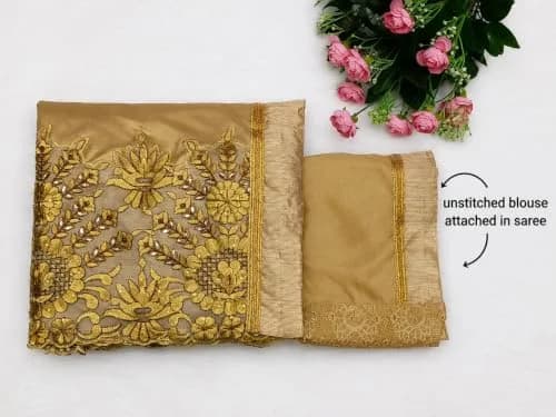 TRENDMALLS Women's Malai Silk Saree K817-Gold | Embroidery & Stone Work for Festive Wear thumbnail 2