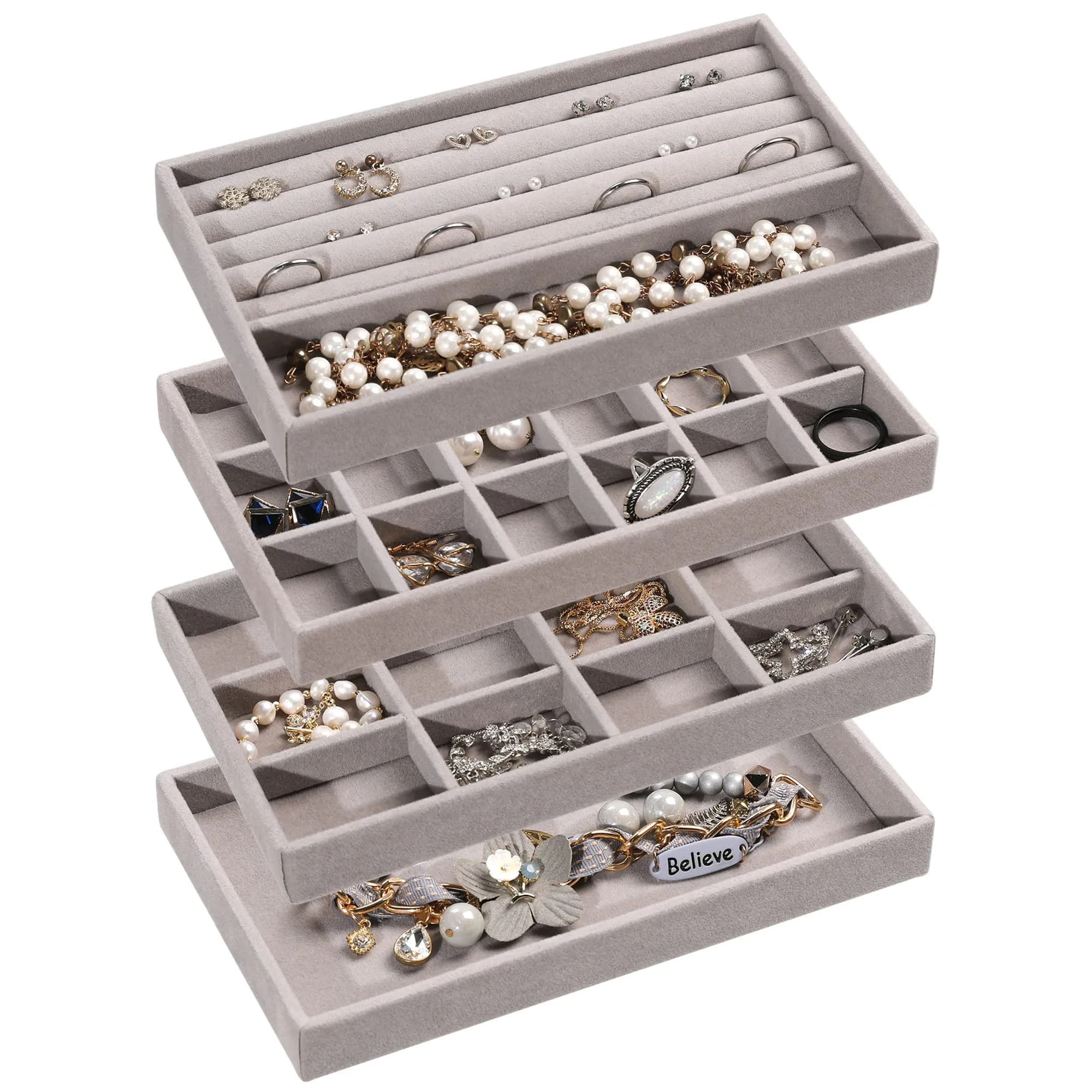 Frebeauty Jewelry Trays for Drawer | Set of 4 Velvet Organizer for Earrings, Rings & Necklaces, 8.3×4.75 inch — Set of 4