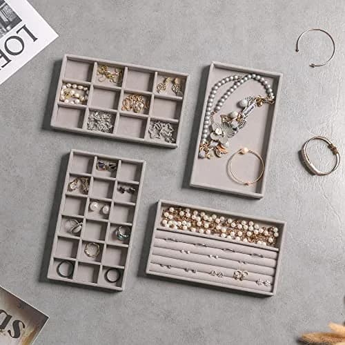 Frebeauty Jewelry Trays for Drawer | Set of 4 Velvet Organizer for Earrings, Rings & Necklaces, 8.3×4.75 inch thumbnail 5