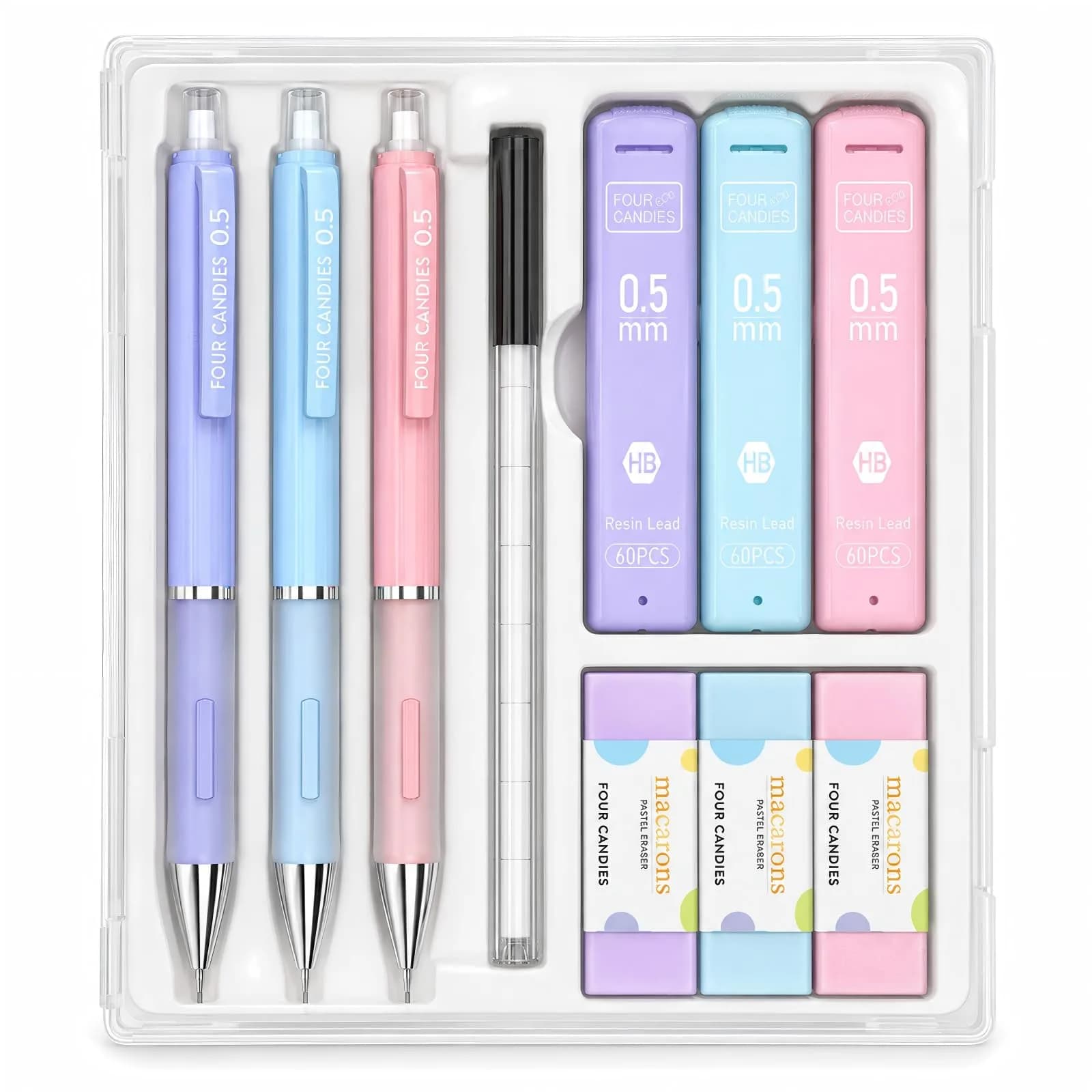 Four Candies Pastel Mechanical Pencil Set with Case, 3 Sizes (0.5mm, 0.7mm, 0.9mm) | 360 Leads, 3 Erasers, 9 Refills — 0.5mm