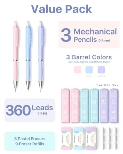 Four Candies Pastel Mechanical Pencil Set 0.7mm | Bulk Pack with 360 Leads & Erasers thumbnail 7