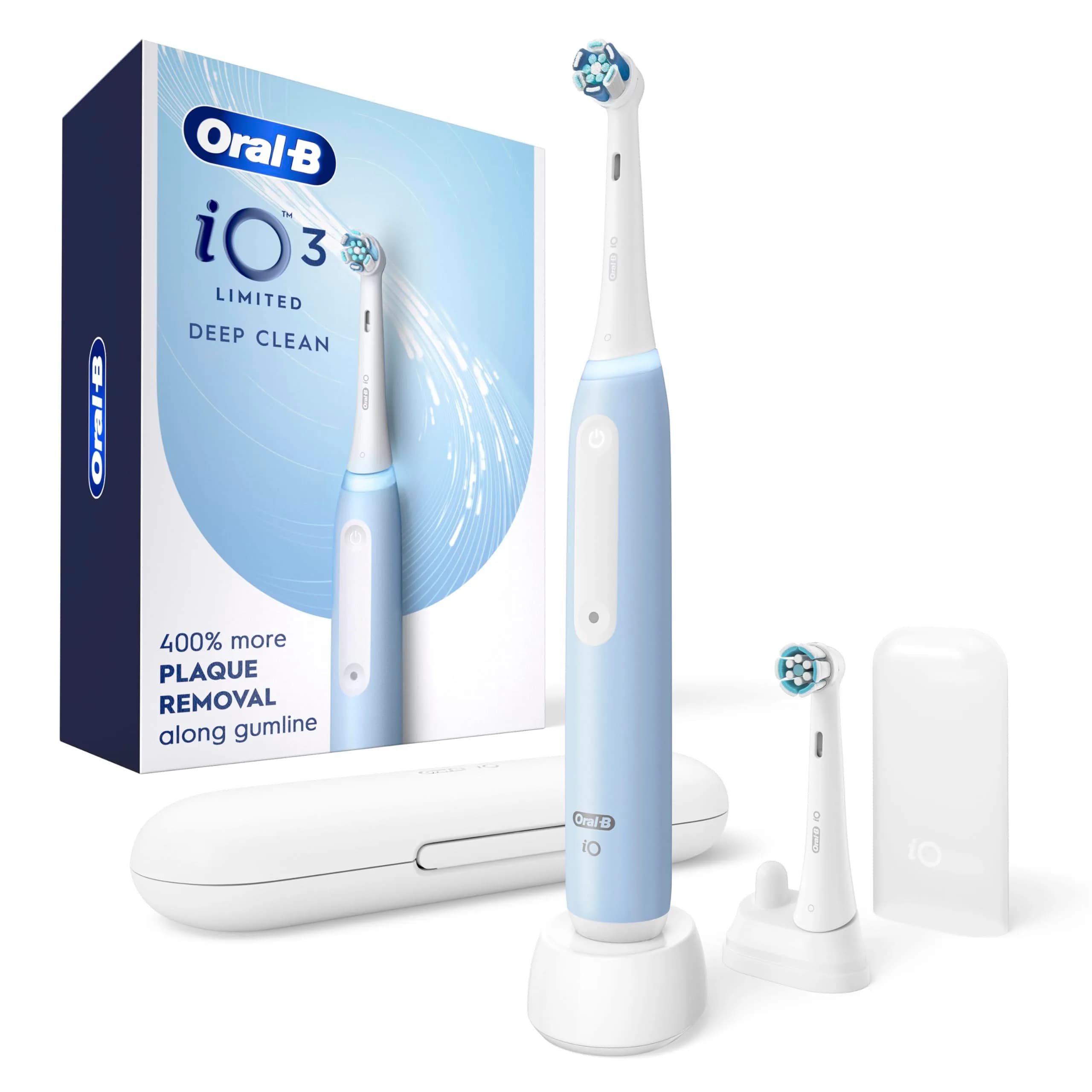 Oral-B iO Series 3 Limited Deep Clean Rechargeable Electric Toothbrush with Pressure Sensor, 3 Modes, 2 Brush Heads, Travel Case, Icy Blue | Dentist-Recommended Technology — Icy Blue