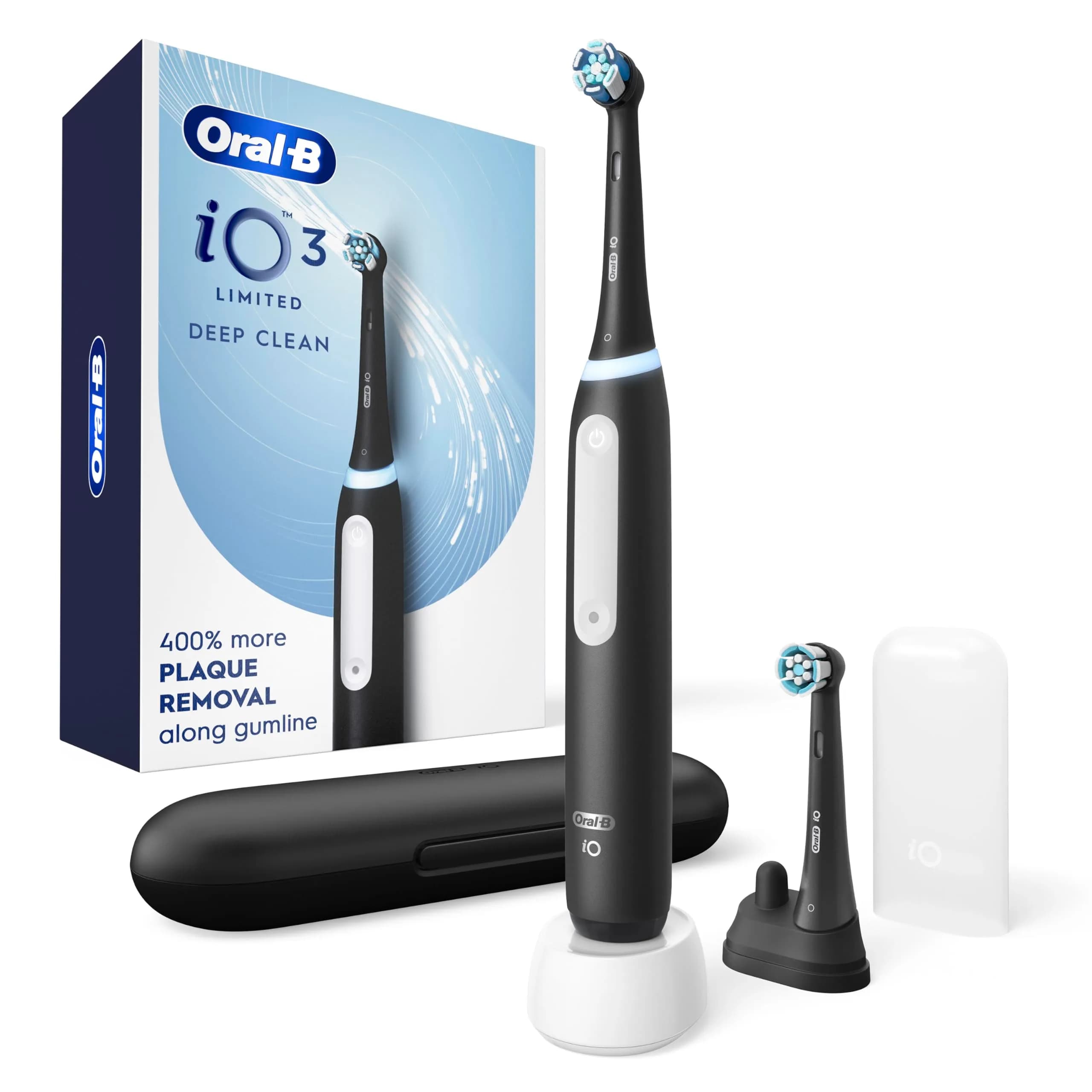 Oral-B iO Series 3 Limited Rechargeable Electric Toothbrush | 3 Modes, Pressure Sensor, 2 Brush Heads, Travel Case — Black
