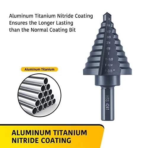 Anfrere 10 Sizes Step Drill Bit Set 1/4 to 1-3/8 Inches | High Speed Steel with Titanium Coating for Sheet Metal thumbnail 4